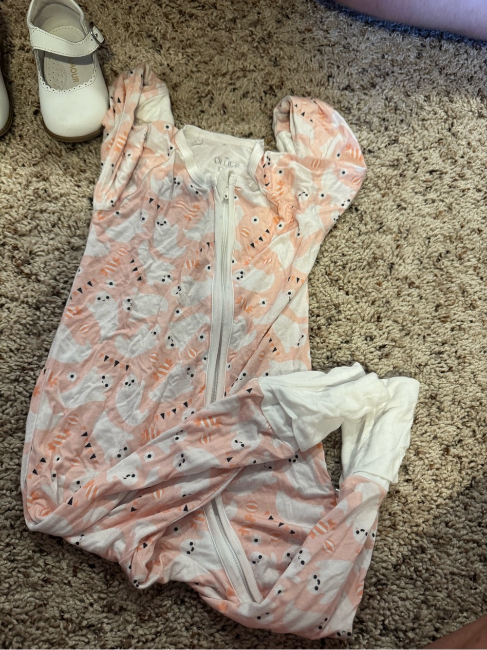 Kids Zip Pajamas in Peach Ghost Print